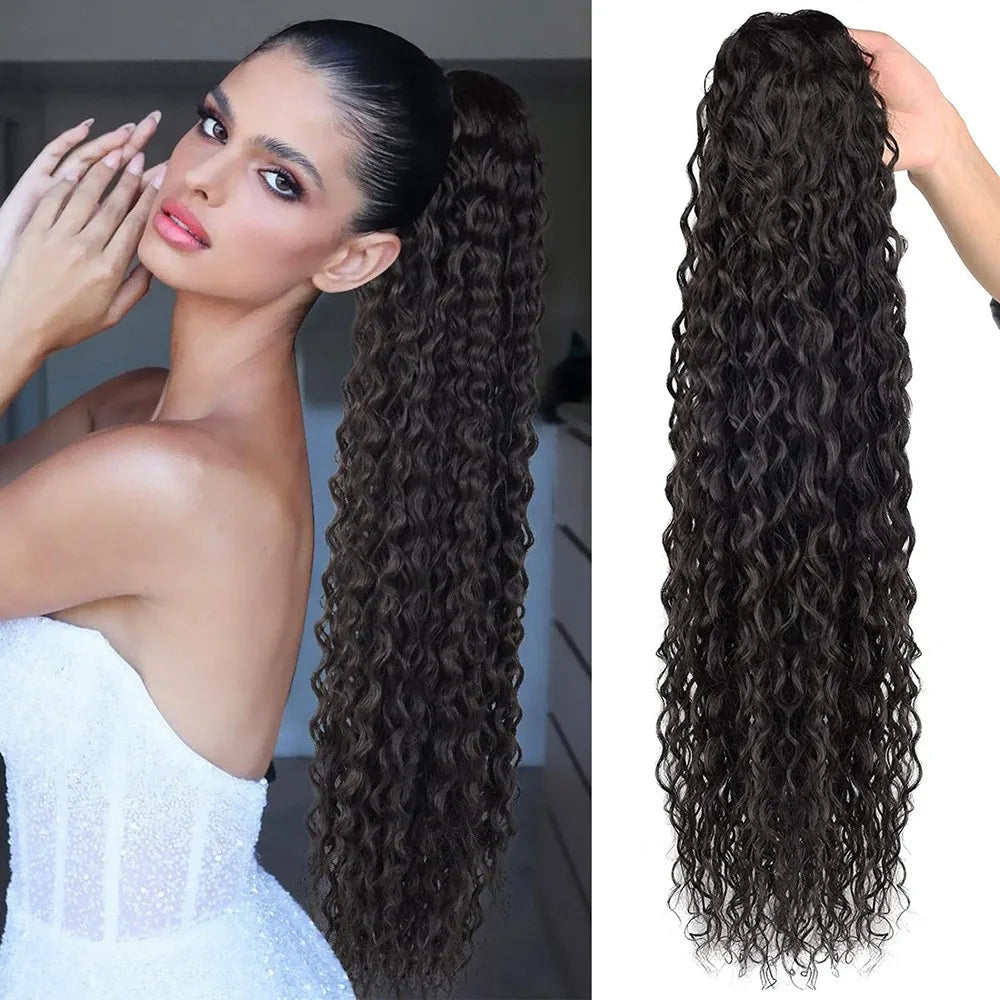 Synthetic Wig 24inch Long Curly Wave Drawstring Ponytail HairPieces Extension Heat Resistant Clip in Girl