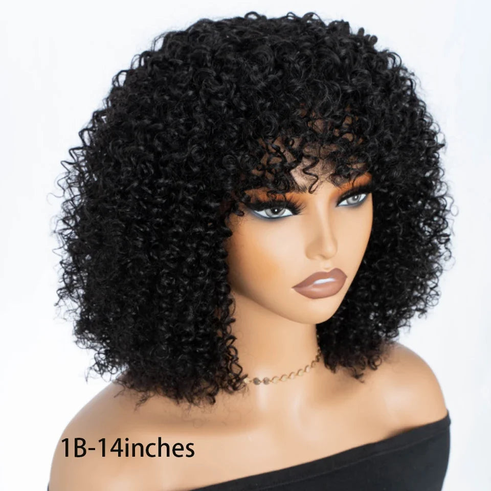 Brazilian Short Curly Human Hair Wig Natural Brown Color Afro Kinky Bangs