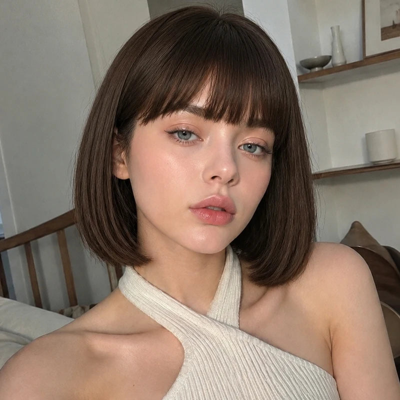 Dark Brown Bob Wig With Straight Bangs, Synthetic Short Hair, 12-Inch