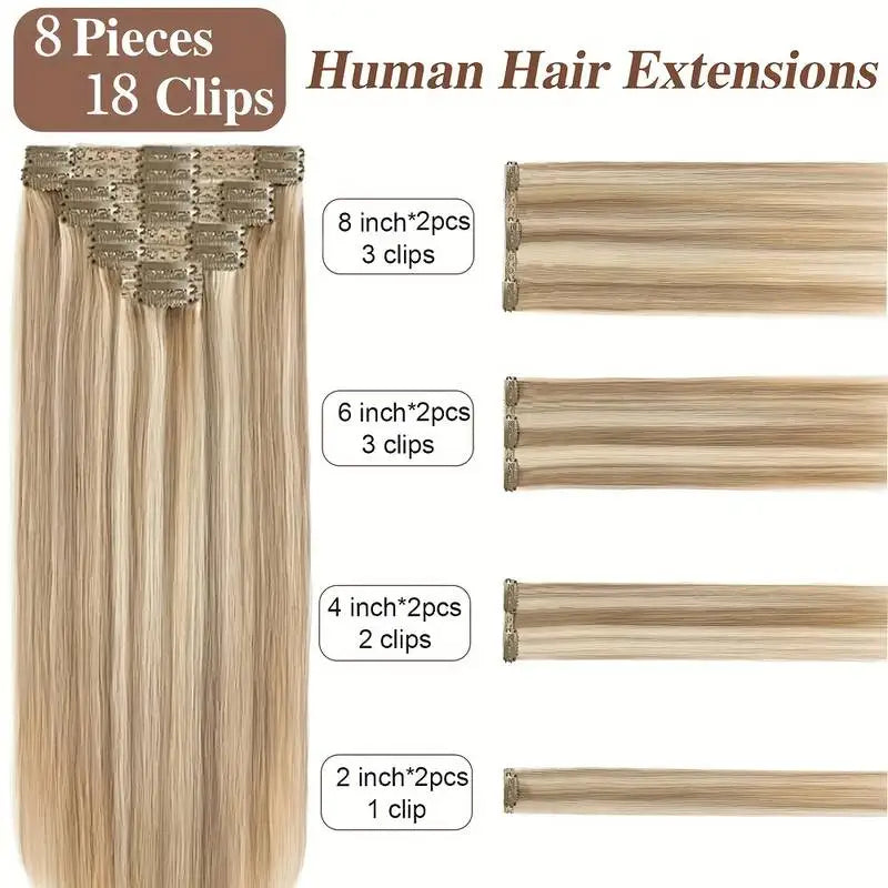 Clip in Hair Extensions, 100% Real Human P8/613 Color Brown Highlight Blonde