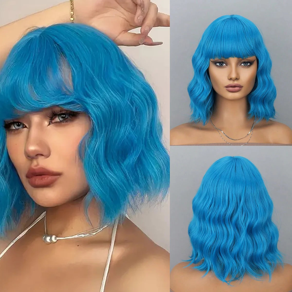 Blue Bob Wigs Bangs Short Colorful Wavy Curly Synthetic Cosplay Halloween Costume