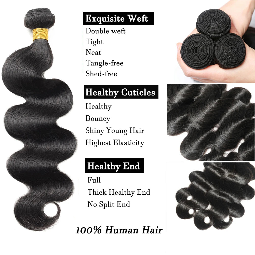 12A Brazilian Body Wave Human Hair Bundles 100% Human Hair Extensions Natural Black 10-30 Inch 1/2/3/4pcs Bundles