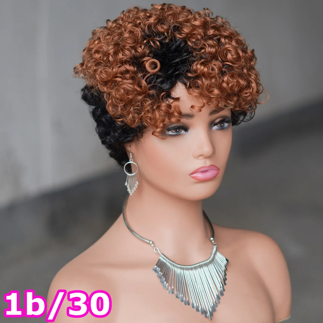 99J Red Rose Curly Short Bob Pixie Cut Human Hair Wig Ombre