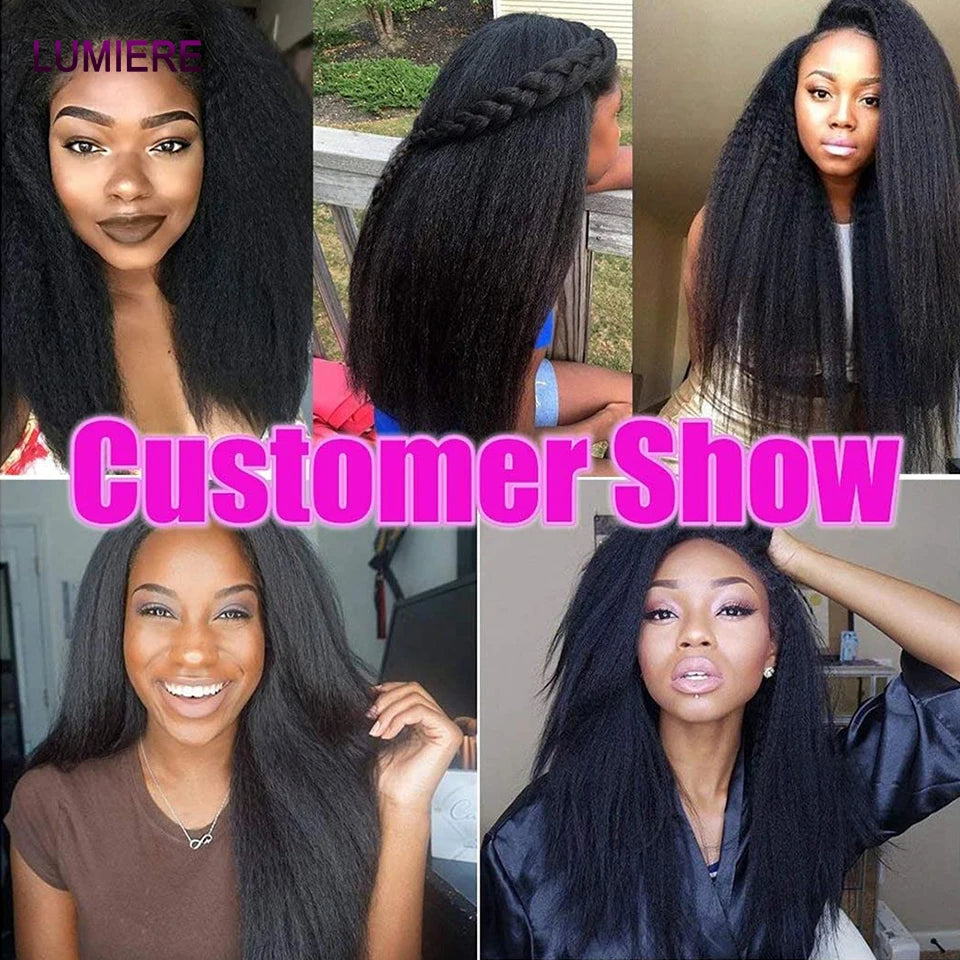Kinky Yaki Straight Human Hair Bundles Closure Frontal HD Transparent Brazilian Deep