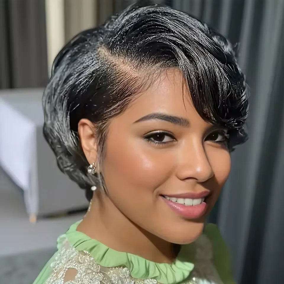Glueless Straight Pixie Cut Human Hair Wigs Short Right Part Lace Natural