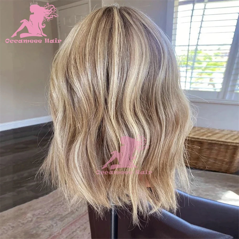 Human Hair Lace Frontal Wig Ombre Blonde Highlights Natural Wave Brown Roots