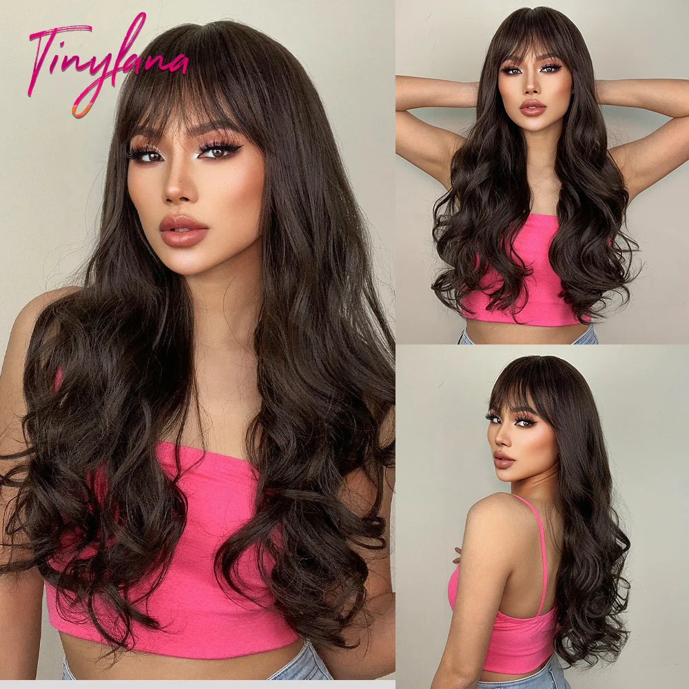 Super Long Black Wavy Synthetic Wigs Bangs Afro Dark Water Wave Halloween