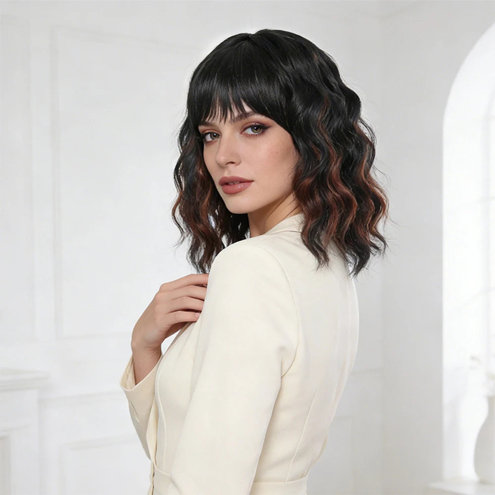 Natural Black Short Curly Wig - Shoulder Length Wavy Bob with Bangs | Synthetic Heat-Resistant Hair