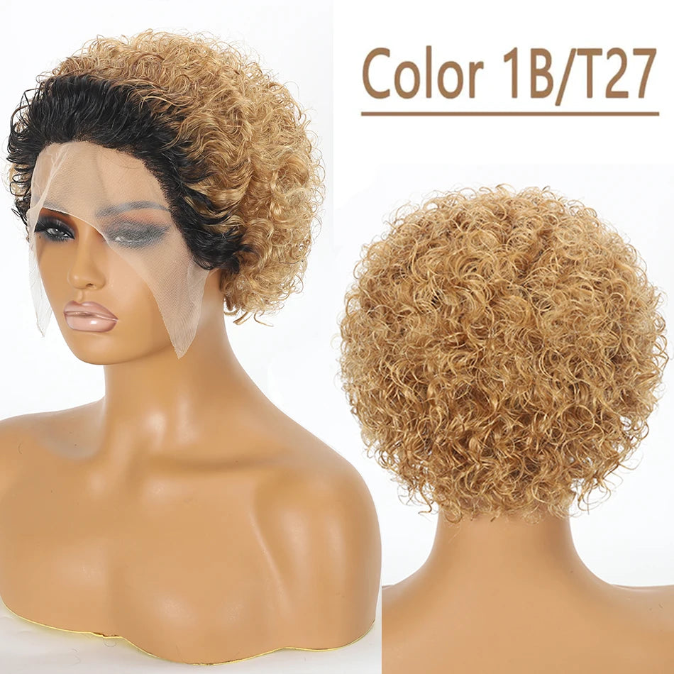 Ombre 1B/27 Pixie Cut Wigs Human Hair Short Curly Lace Front Brazilian