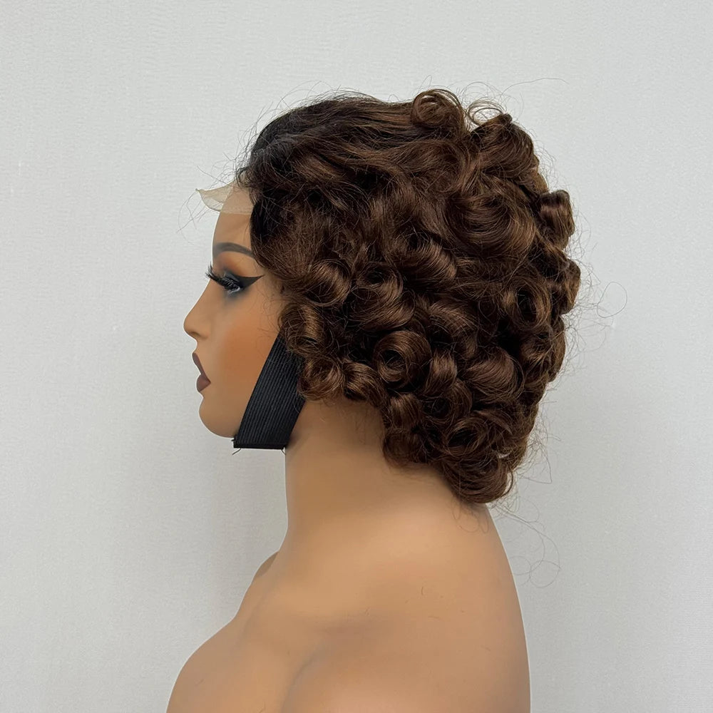 4x4 Lace Closure Wig Short Bouncy Texture Pixie Hair Real Human, 200%