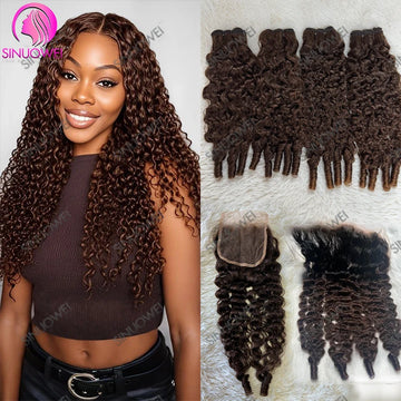 Chocolate Brown Burmese Curly Bundles with 13x4 Transparent Lace Frontal Closure