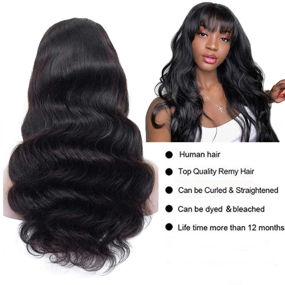 Body Wave Human Hair Wigs Bangs Brazilian Pre Plucked Full Machine Made