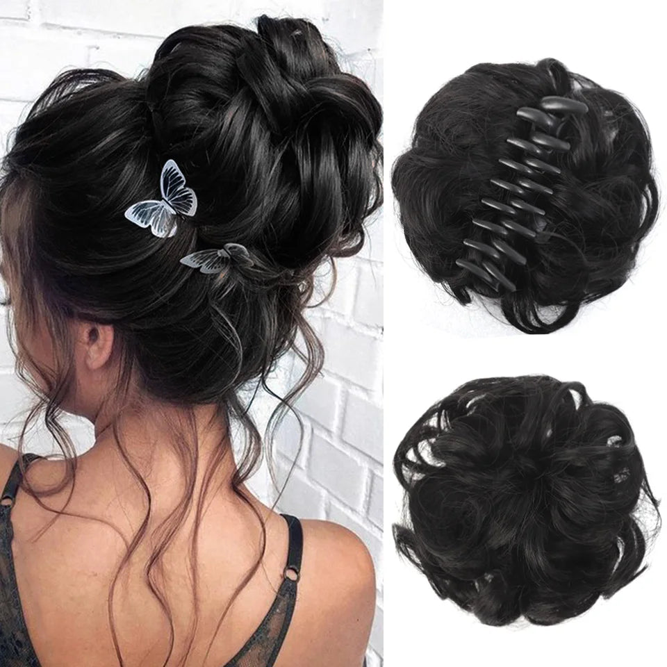 Synthetic Messy Bun Chignon Claw Clip Hair Piece - Wavy Curly Ponytail Scrunchie