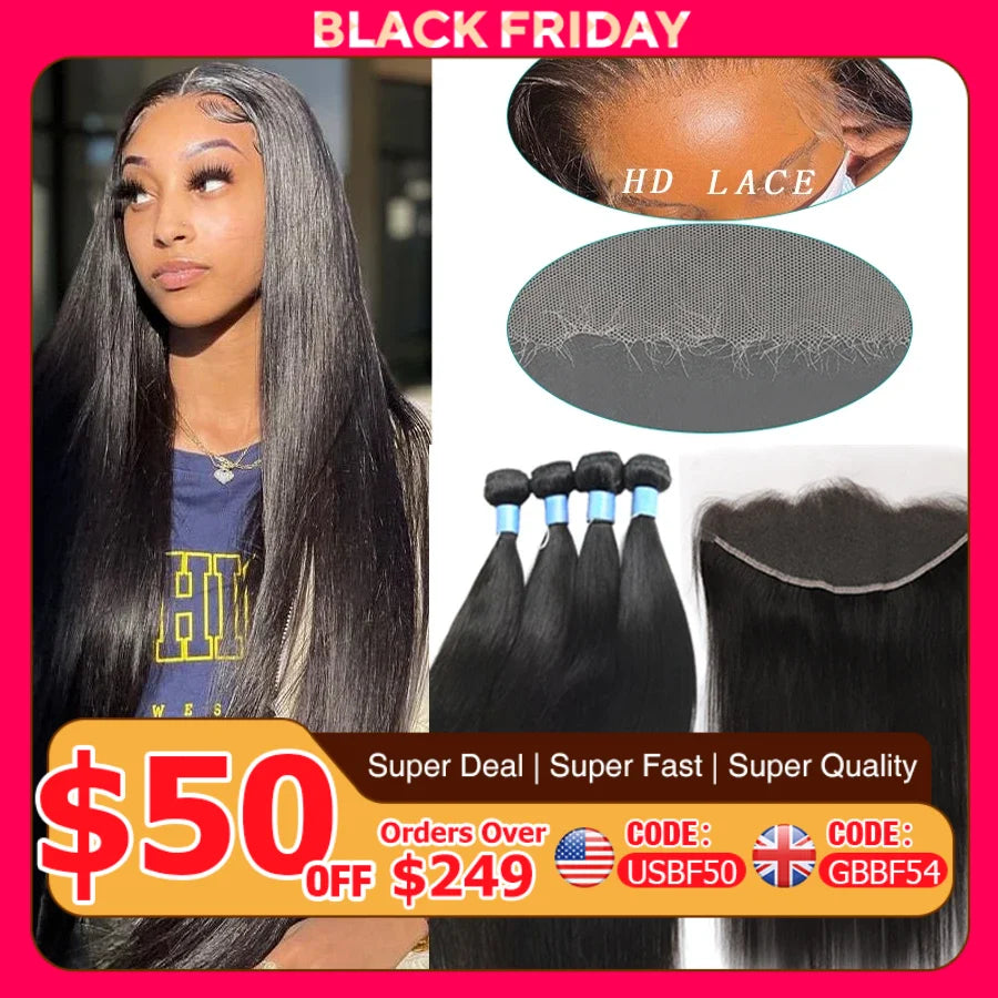 Bone Straight Human Hair Bundles with HD Lace Frontal and Closure
