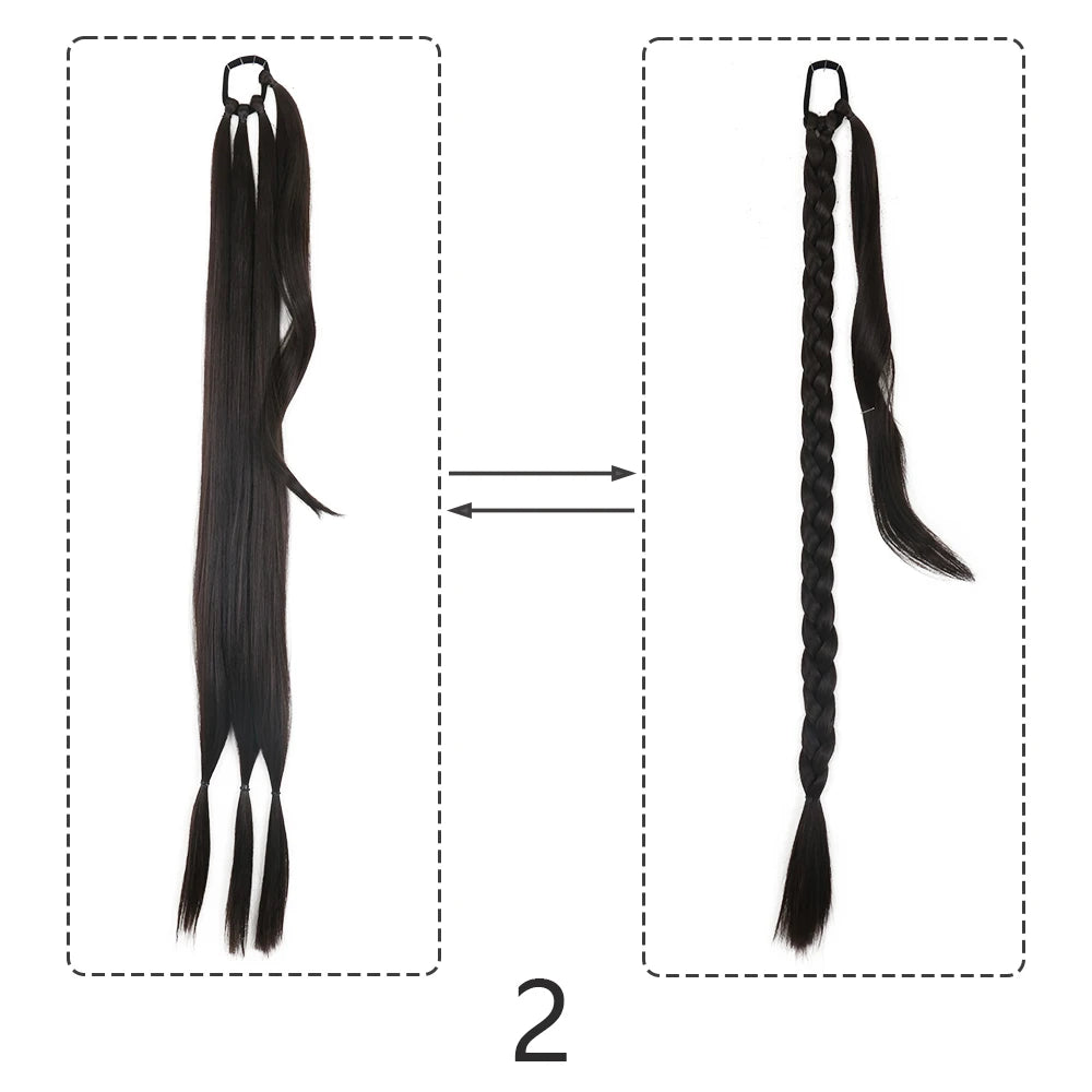 Synthetic Braided Ponytail Extensions Black Natural Hairpiece Long Pony Tail Hair Tie