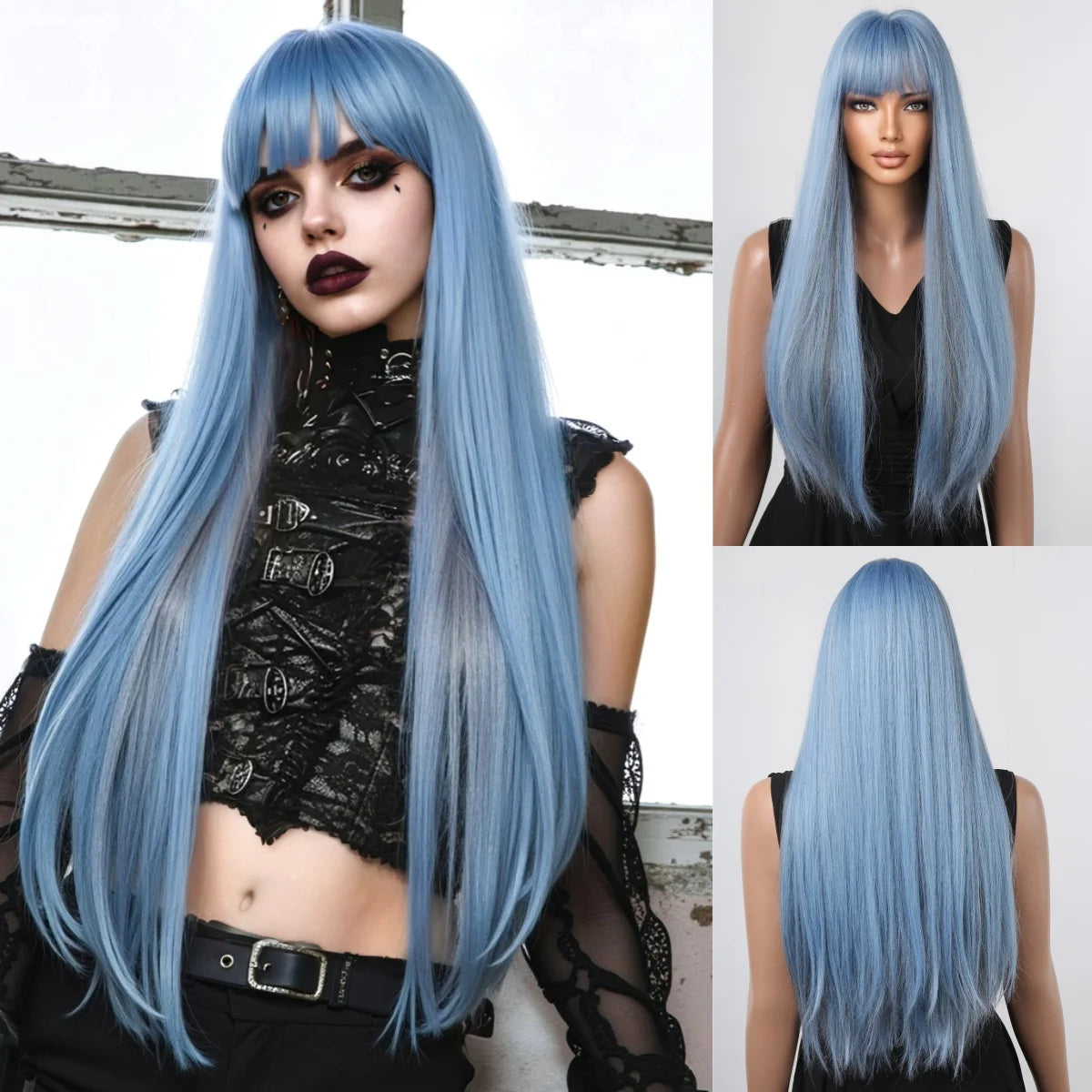 Black Highlight Pink Synthetic Wig Bangs Long Straight Red Cosplay Party Christmas