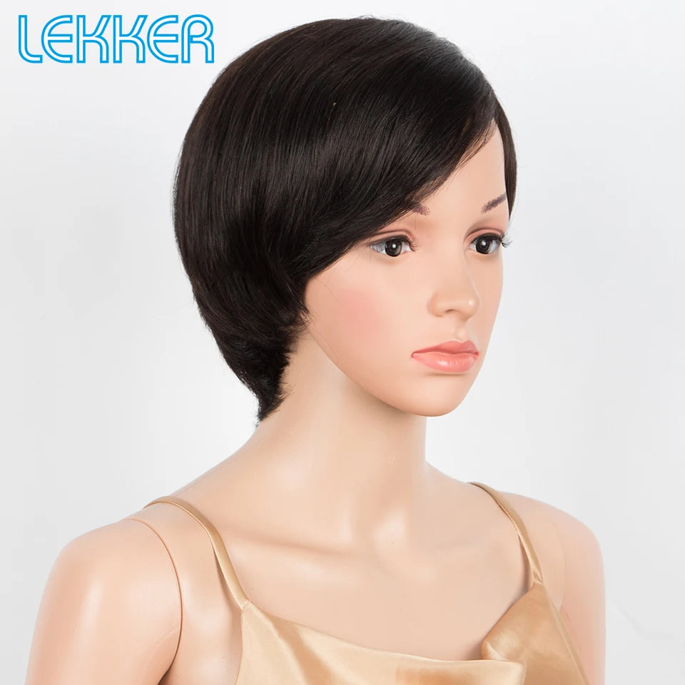 100% Human Hair Wigs Black Short Pixie Cut Brazilian Remy Full Machine