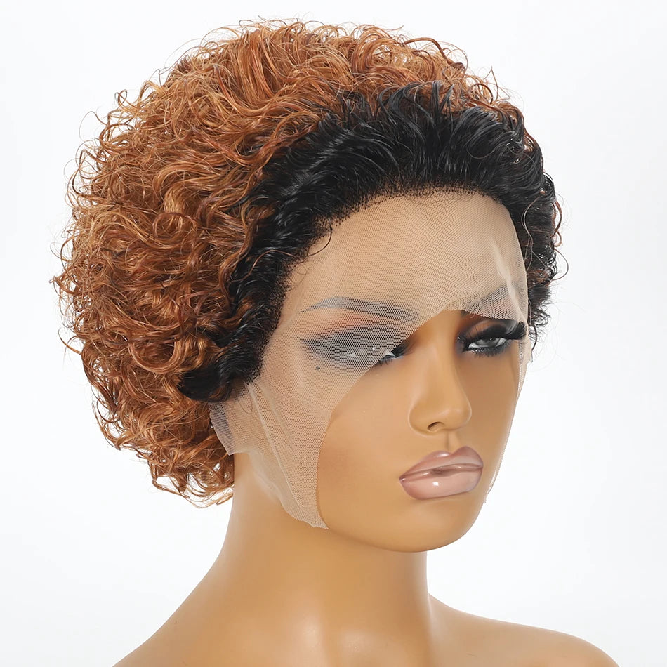 Curly Pixie Cut Wig Lace Human Hair Water Wave Short Bob, 13x1