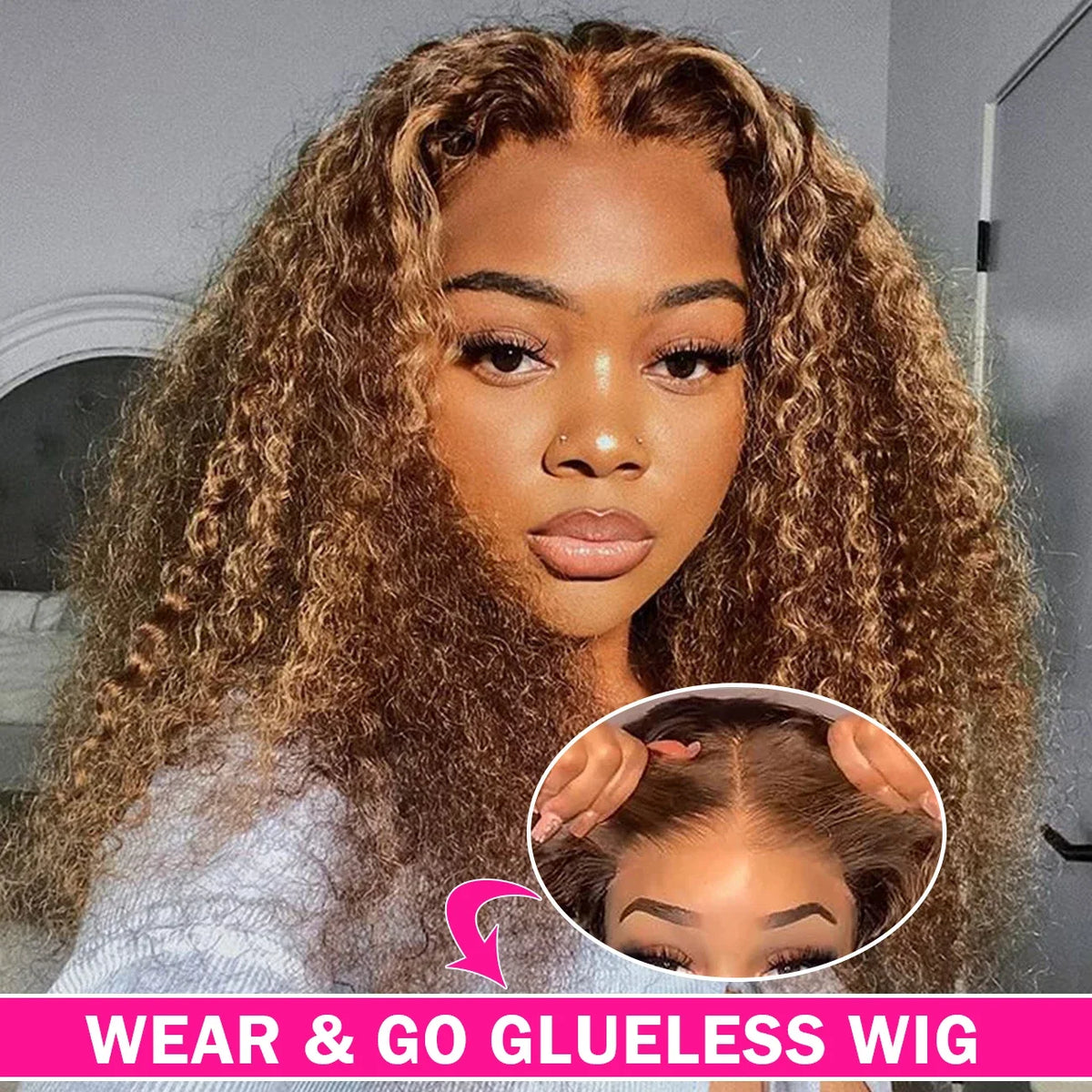 Honey Blonde Curly Wigs, 13x6 Glueless Highlight Human Hair Ready To Wear