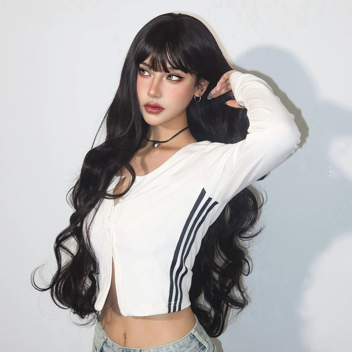 Super Long Black Wavy Synthetic Wigs Bangs Afro Dark Water Wave Halloween