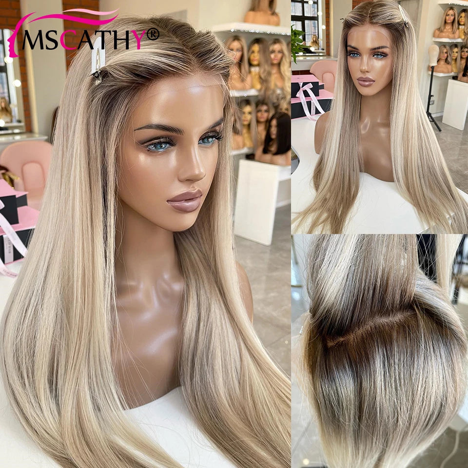 250% Glueless Ash Blonde Colored Ombre Human Hair Wigs, 13x4 Transparent Lace