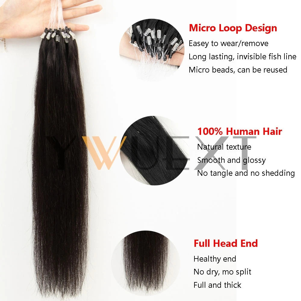 Micro Loop Hair Extensions Real Natural Straight Ring Link 12"-20" Human Black