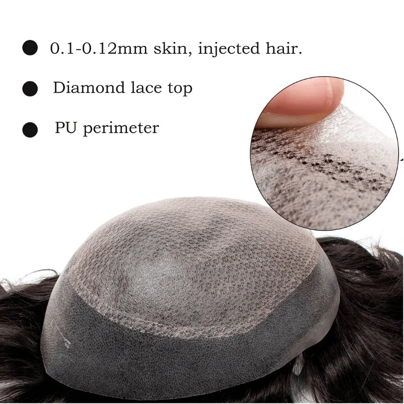 Toupee Diamond Lace Base Injected PU Around Wig Natural Human Hair Prosthesis