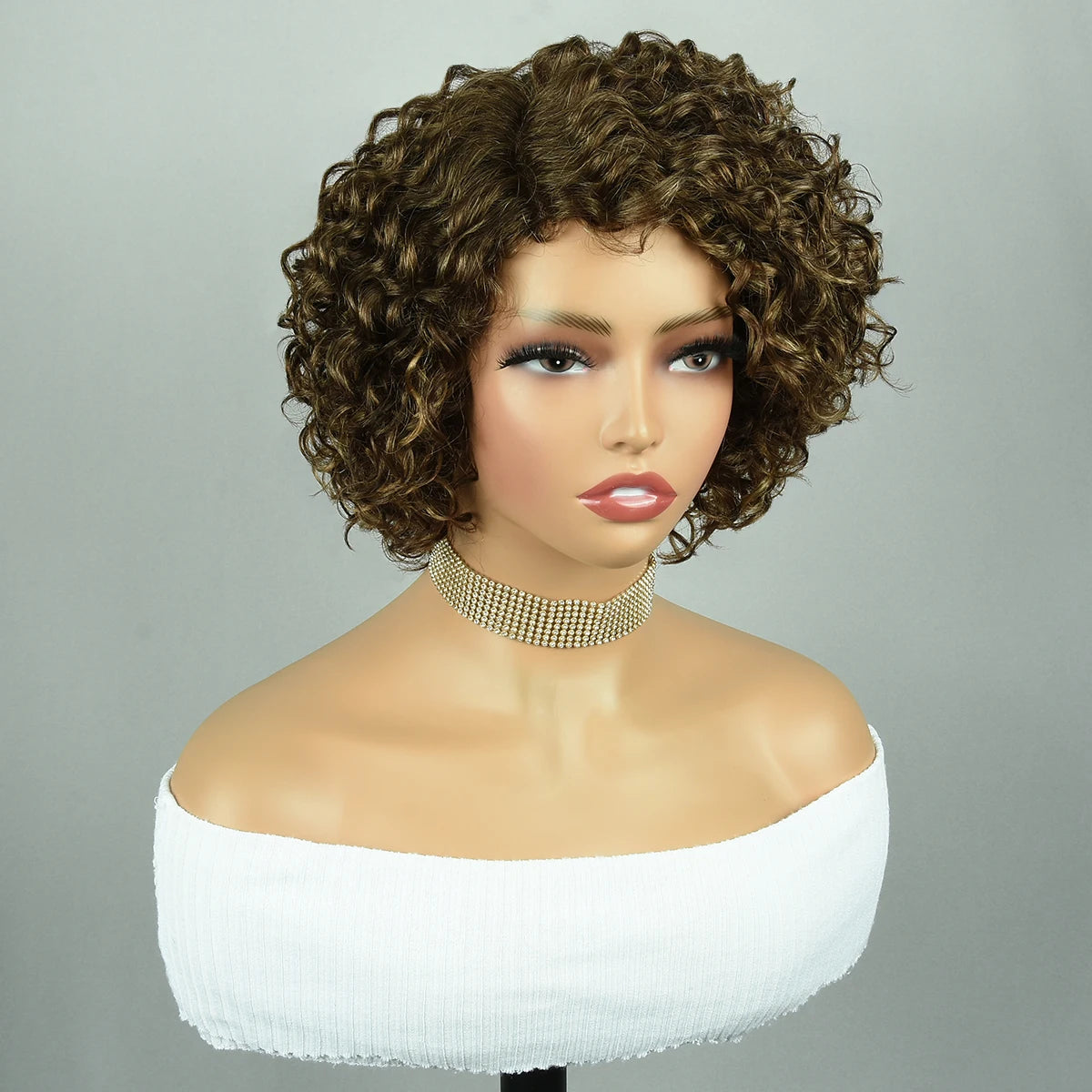 Brown Curly Pixie Cut Wigs Part Lace Human Hair Jerry Closure 8Inch