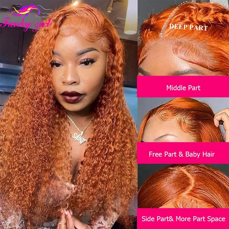 Ginger Water Wave Human Hair Wig, 13x4 Lace Front Brazilian Orange Color