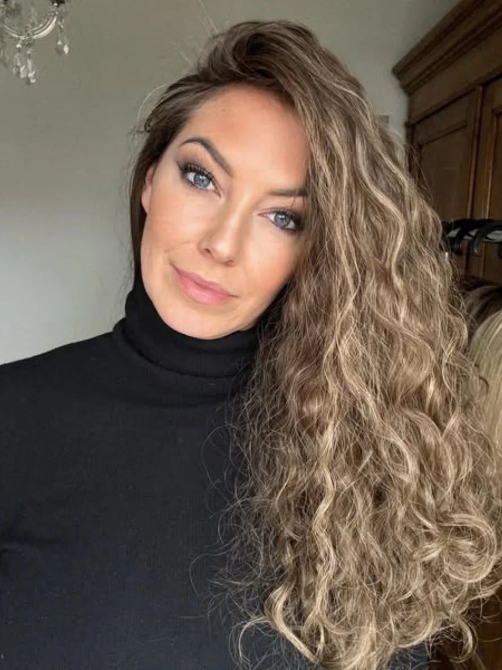Frontal Lace Wigs, 100% Virgin Human Hair Brunette Brown Highlights Deep Curly