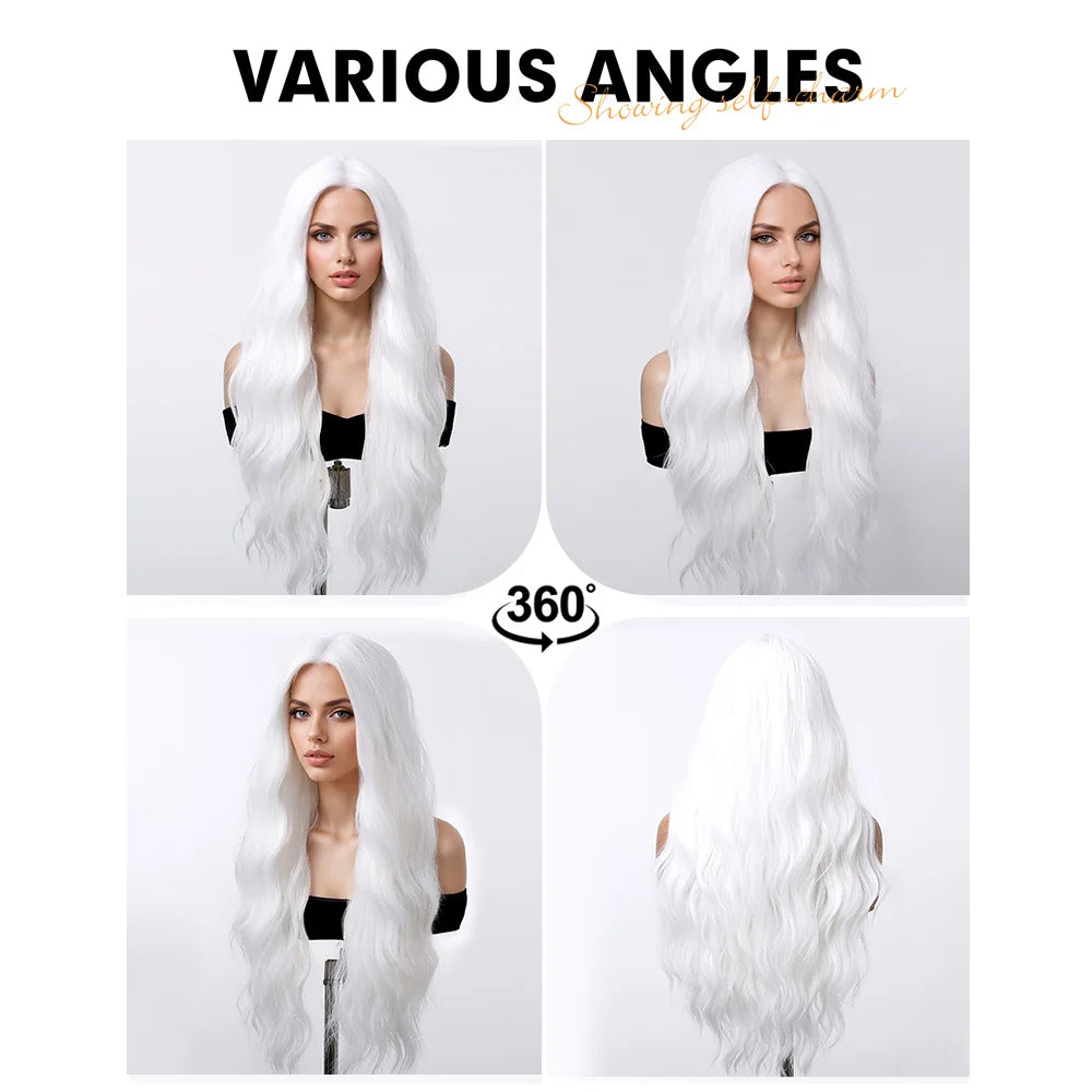 Super Long Curly Silver White Synthetic Wig Medium Part Water Wave Daily