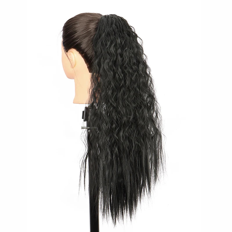 22Inch Synthetic Long Kinky Curly Ponytail Hair Extension Drawstring Wrapped Clip in Hair Black Hairpiece
