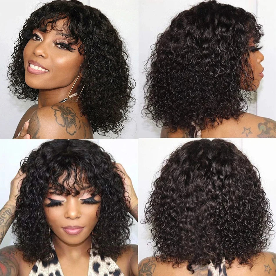 Water Curly 100% Virgin Human Hair Wig Bangs Density Peruvian Full Machine