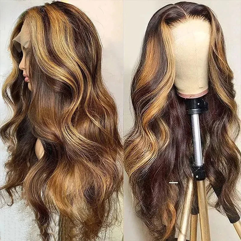 180% Density Brown Roots Ash Blonde Body Wave Lace Frontal Wig, 13x4, Ombre, Synthetic Blend