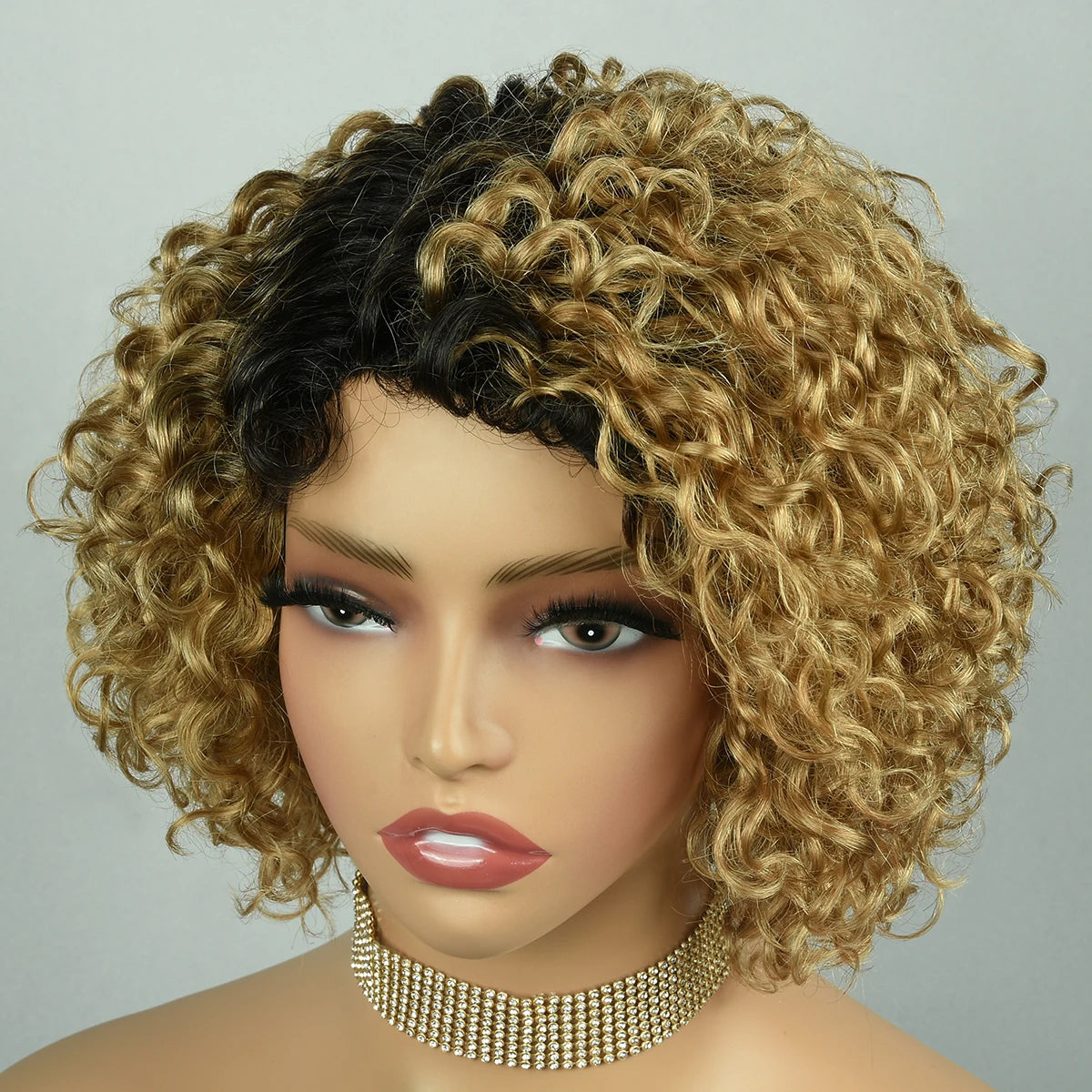 Brown Curly Pixie Cut Wigs Part Lace Human Hair Jerry Closure 8Inch