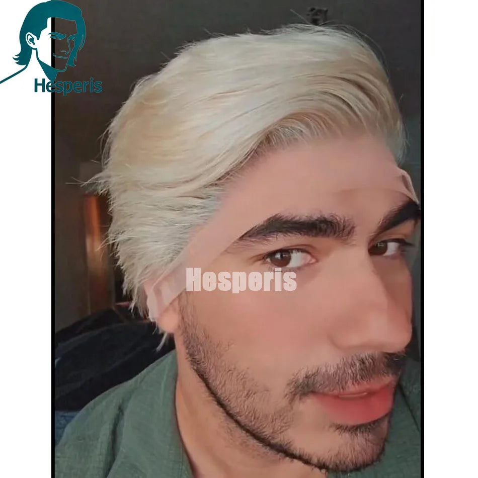 Blonde Human Hair Full Lace Wig for Men, Pixie Cut, Pre-Plucked
