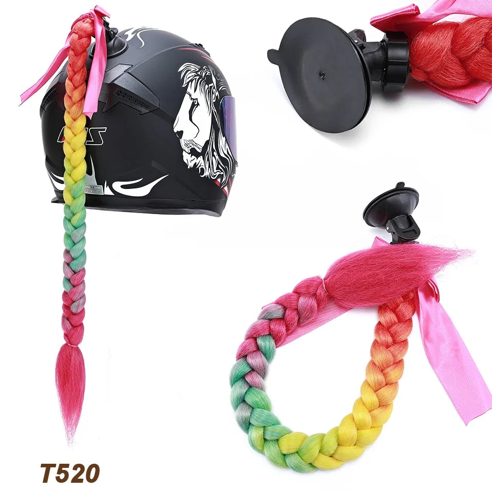Synthetic Helmet Pigtails Gradient Ramp Braids Ponytail Hair Suction Cup Bowknot Motor