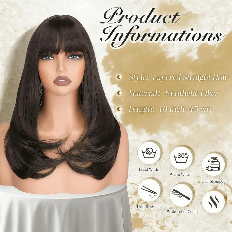 Brown Long Straight Wigs With Bangs, Synthetic Natural Looking Layered Straight Hair Wig Daily Party Use 18 Inch