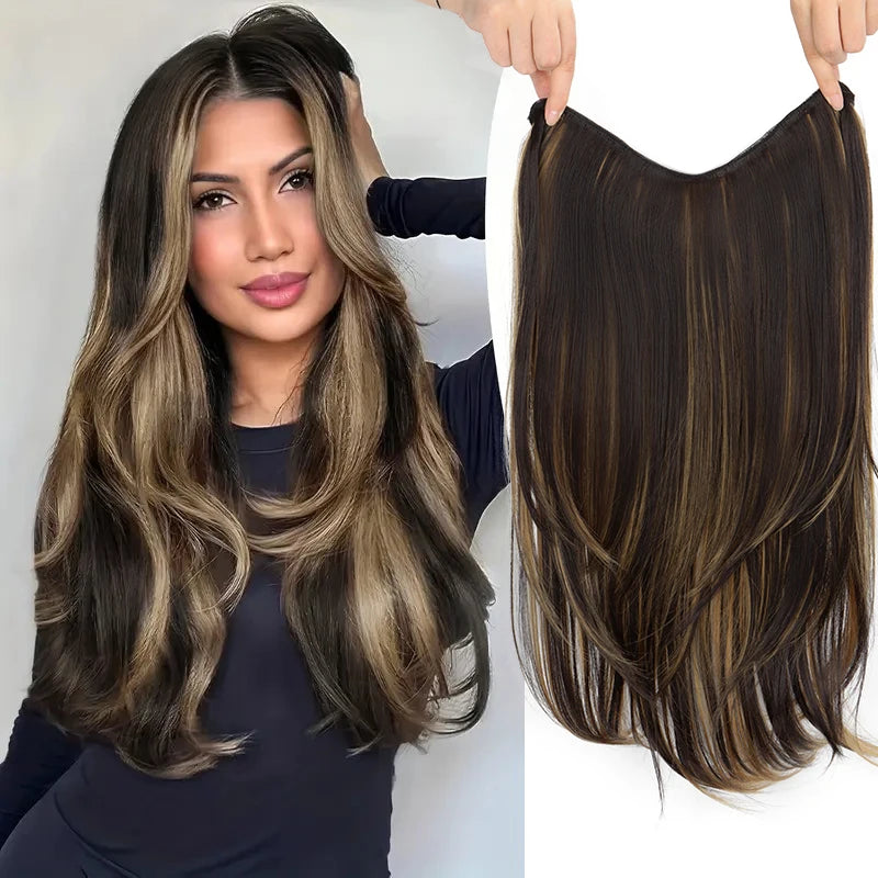 22Inch Synthetic Long Straight Layered Clip-in Hair Extension V-shaped Black Blonde Invisible Hairpiece