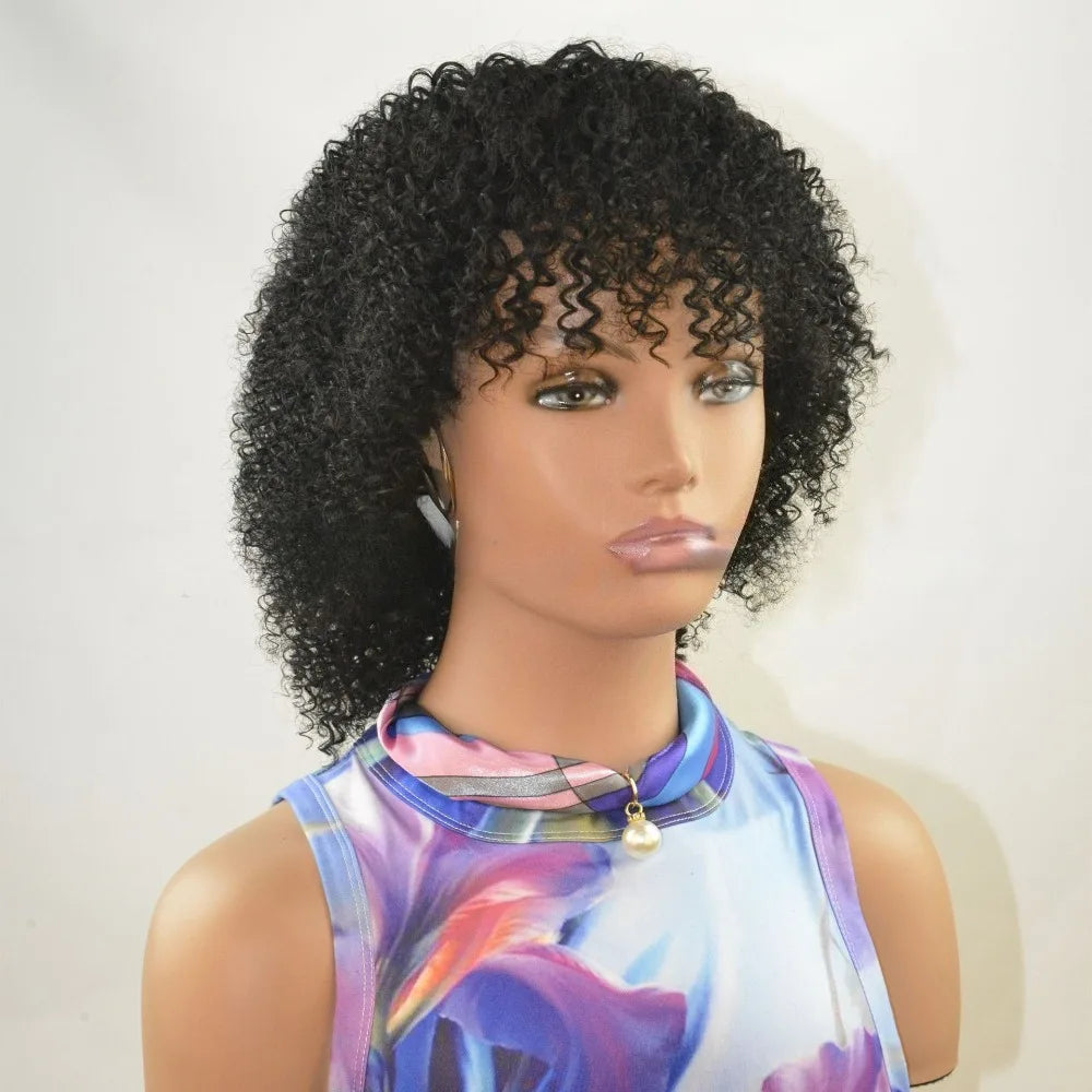 Natural Color Afro Kinky Curly Bangs Human Hair Full Machine Wig Brazilian