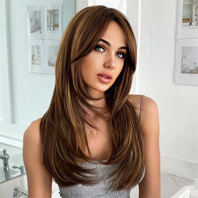 Fashion synthetic wig with medium-length wavy hair in a chin-length style, made of high-temperature hair fibers.