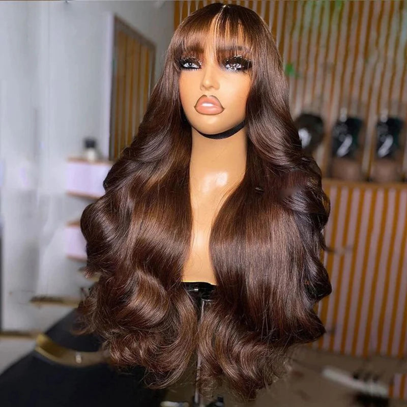 Chocolate Brown 13x6 HD Lace Frontal Human Hair Wig Bangs Fringe Body
