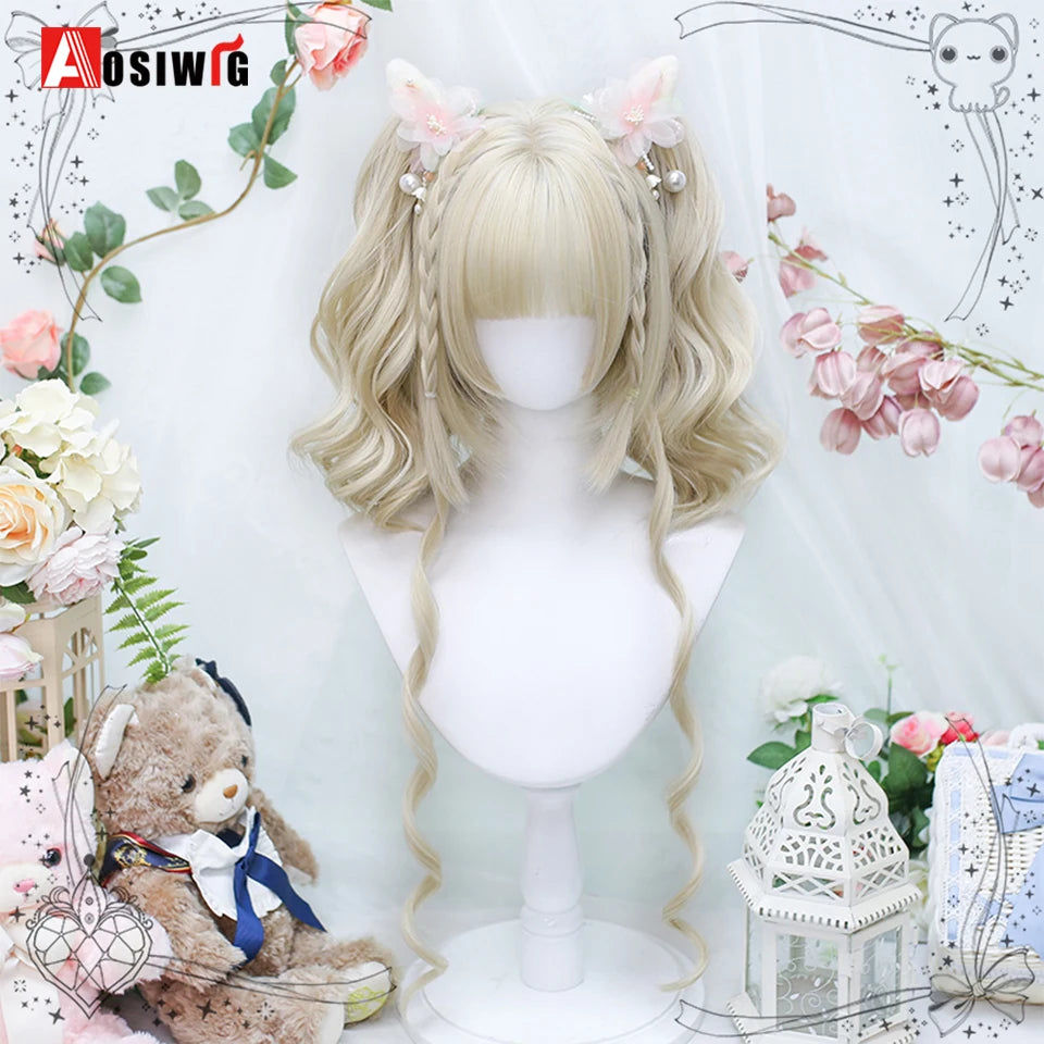 Blonde Twin Ponytail Princess Cut Natural Short Hair Synthetic Wigs Bangs Heat