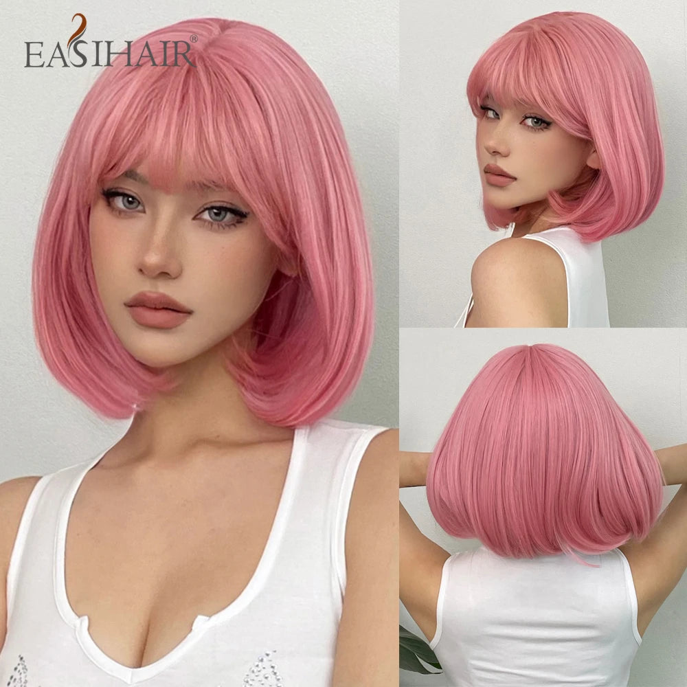 Short Straight Synthetic Wigs Bangs Dark Brown Black Bob Daily Cosplay Party