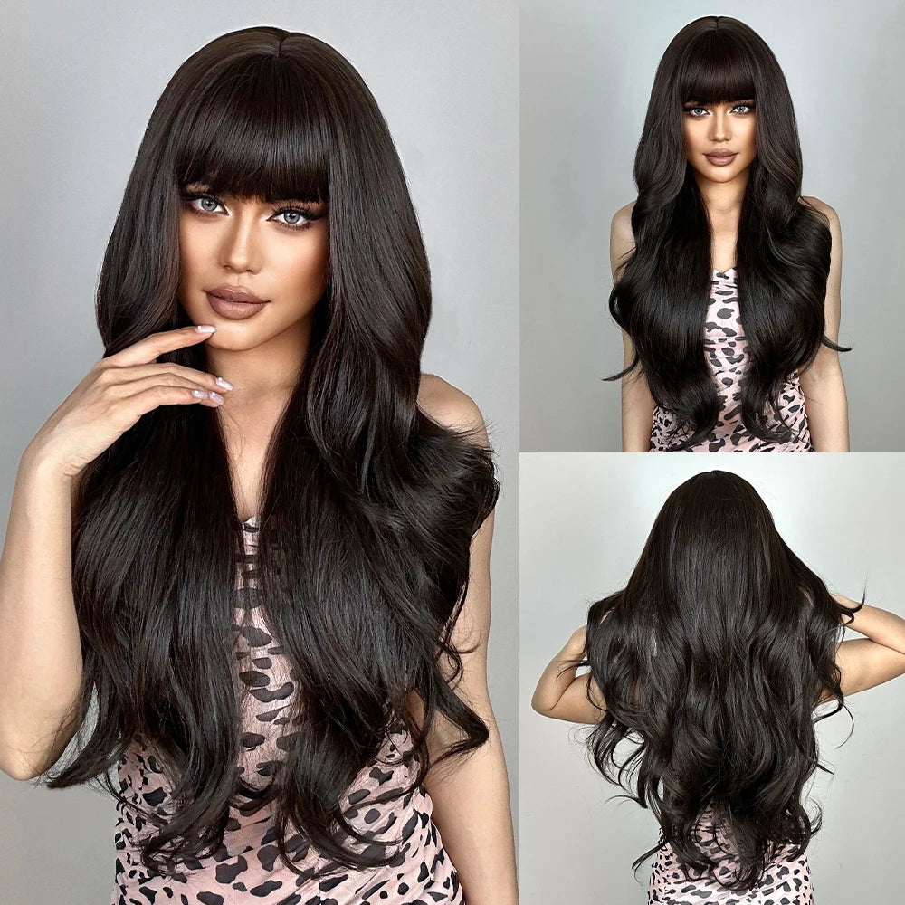 Super Long Black Wavy Synthetic Wigs Bangs Afro Dark Water Wave Halloween