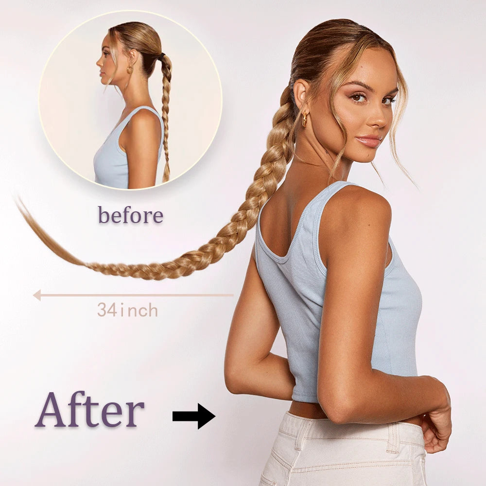 Synthetic Braided Ponytail Extensions Black Natural Hairpiece Long Pony Tail Hair Tie