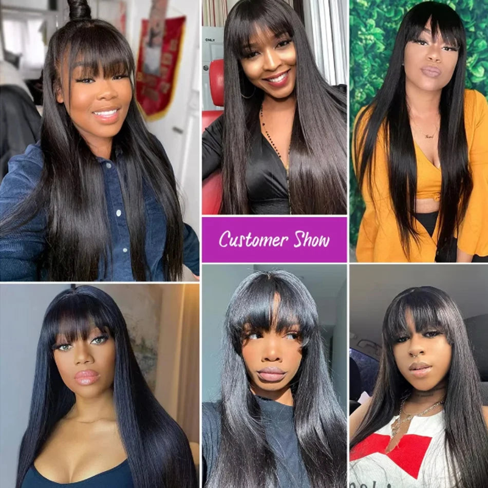 Natural Black Bone Straight Human Hair Wig Bangs 30Inch Glueless Brazilian, 3x1