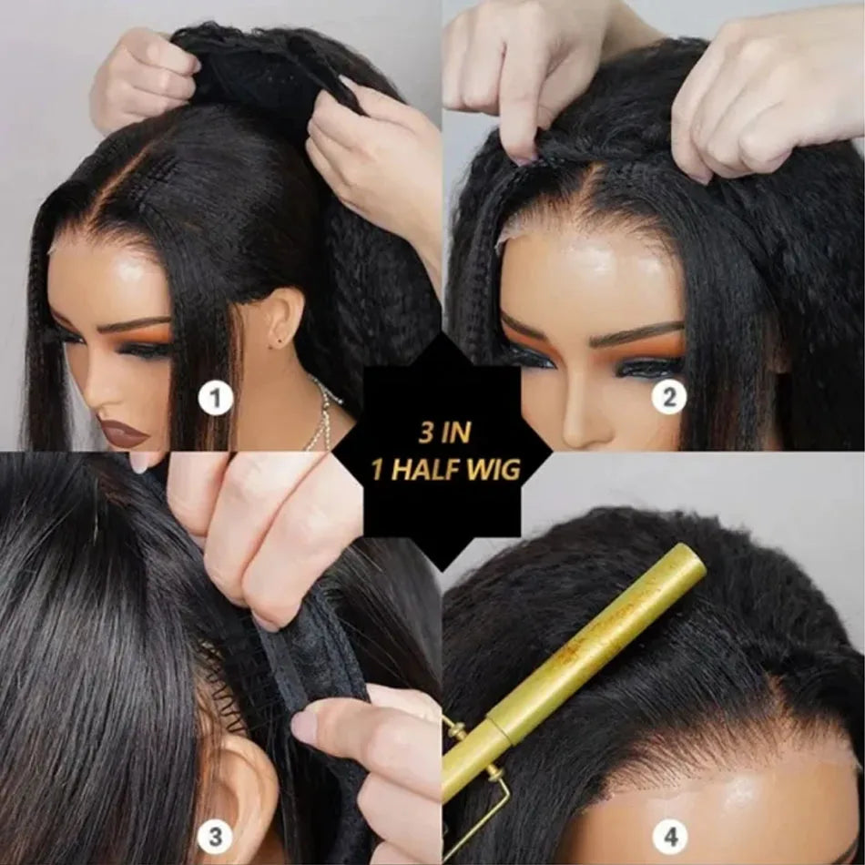Kinky Straight 3-in-1 Half Wig Human Hair, Drawstring, 250% Density