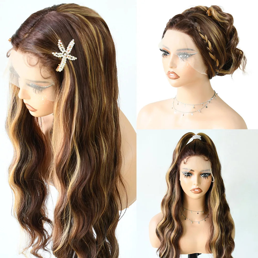 180% Density Brown Roots Ash Blonde Body Wave Lace Frontal Wig, 13x4, Ombre, Synthetic Blend