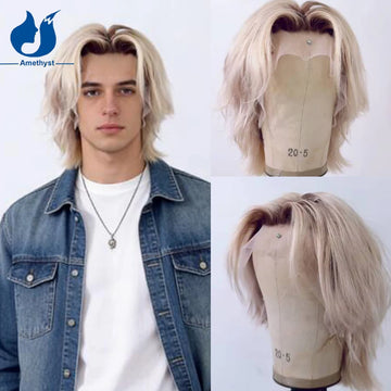 Natural Wave Human Hair Wig White Platinum Blonde Dark Root Brazilian Remy